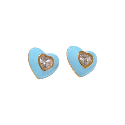 Heart-shaped earrings with blue enamel and gold accents on a white background