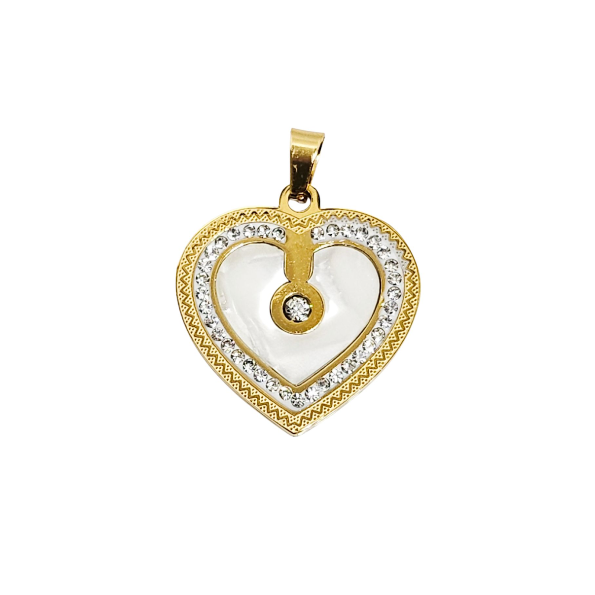 Heart-shaped pendant with gold and white elements on a white background