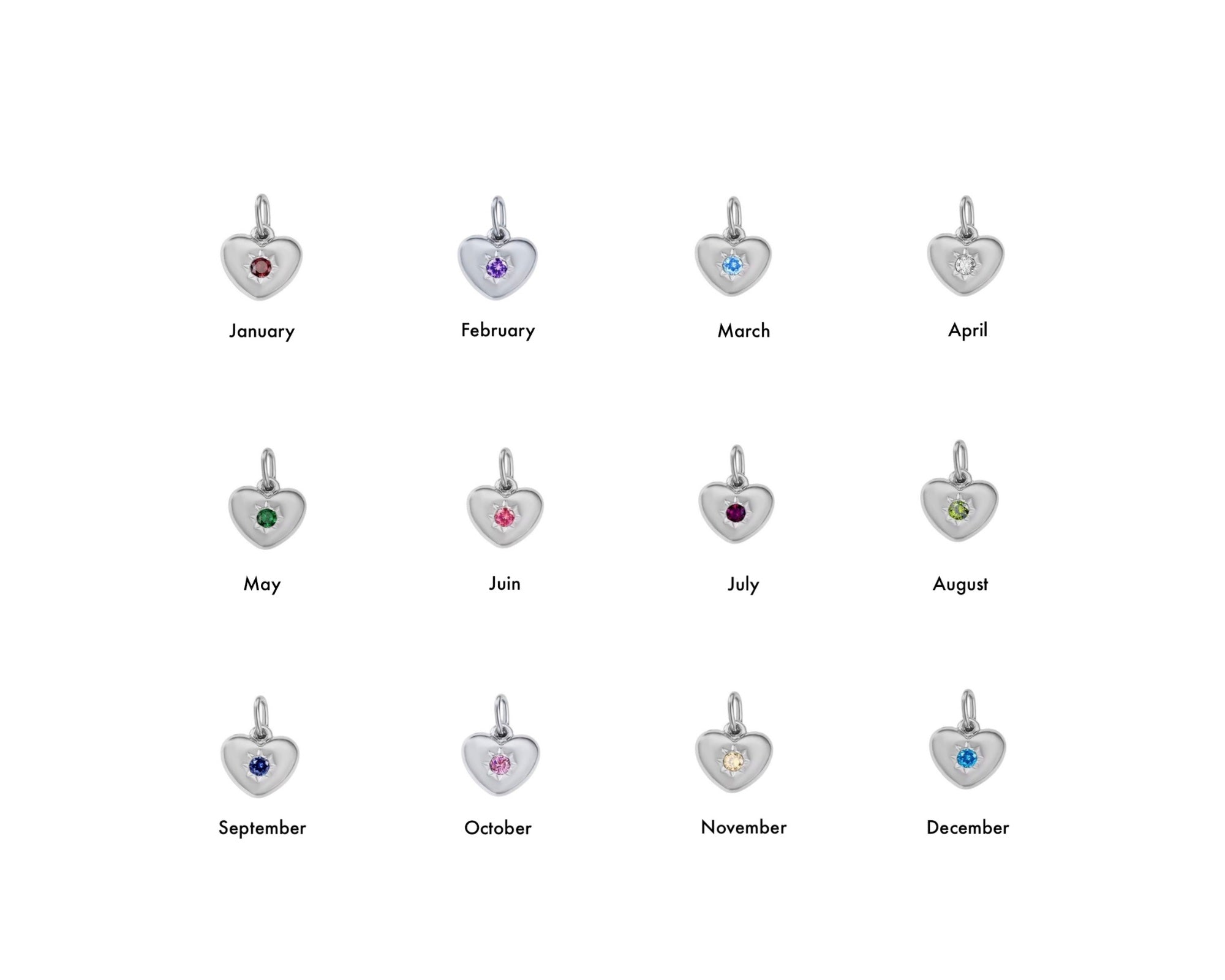 Silver Heart Birthstone Charm with Center CZ Stone