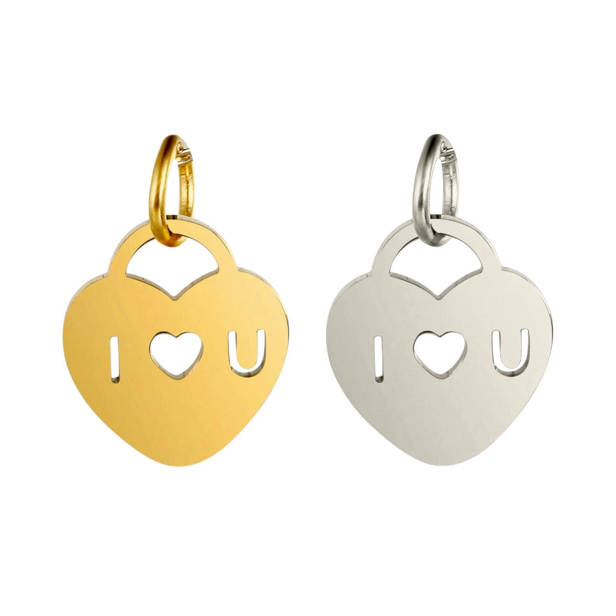 Gold and silver heart-shaped pendants with 'I ❤️ U' text on a white background