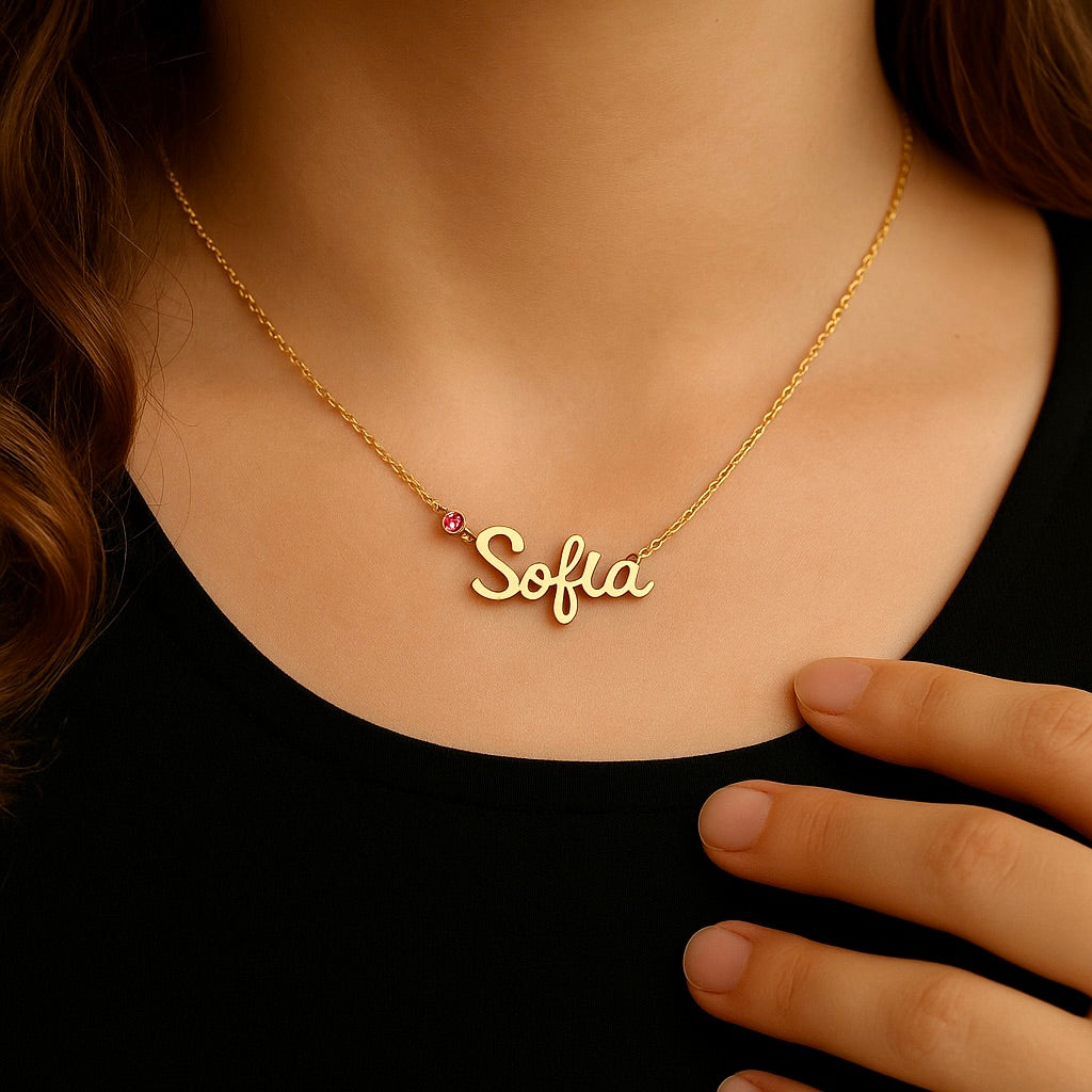 Kids gold name necklace with birthstone with Sofia pendant 