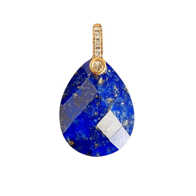 Teardrop-shaped lapis lazuli pendant with gold and diamond accents on a white background