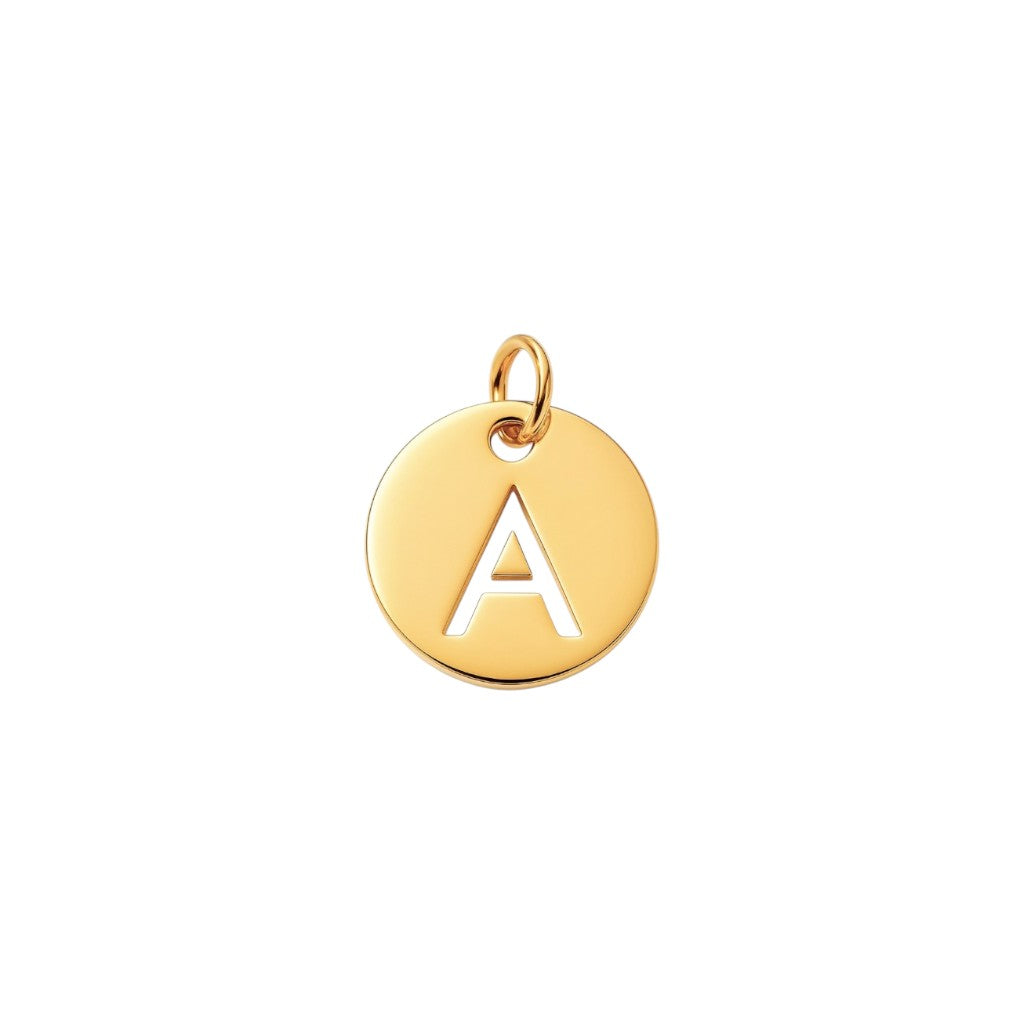 Gold pendant with letter 'A' on a white background