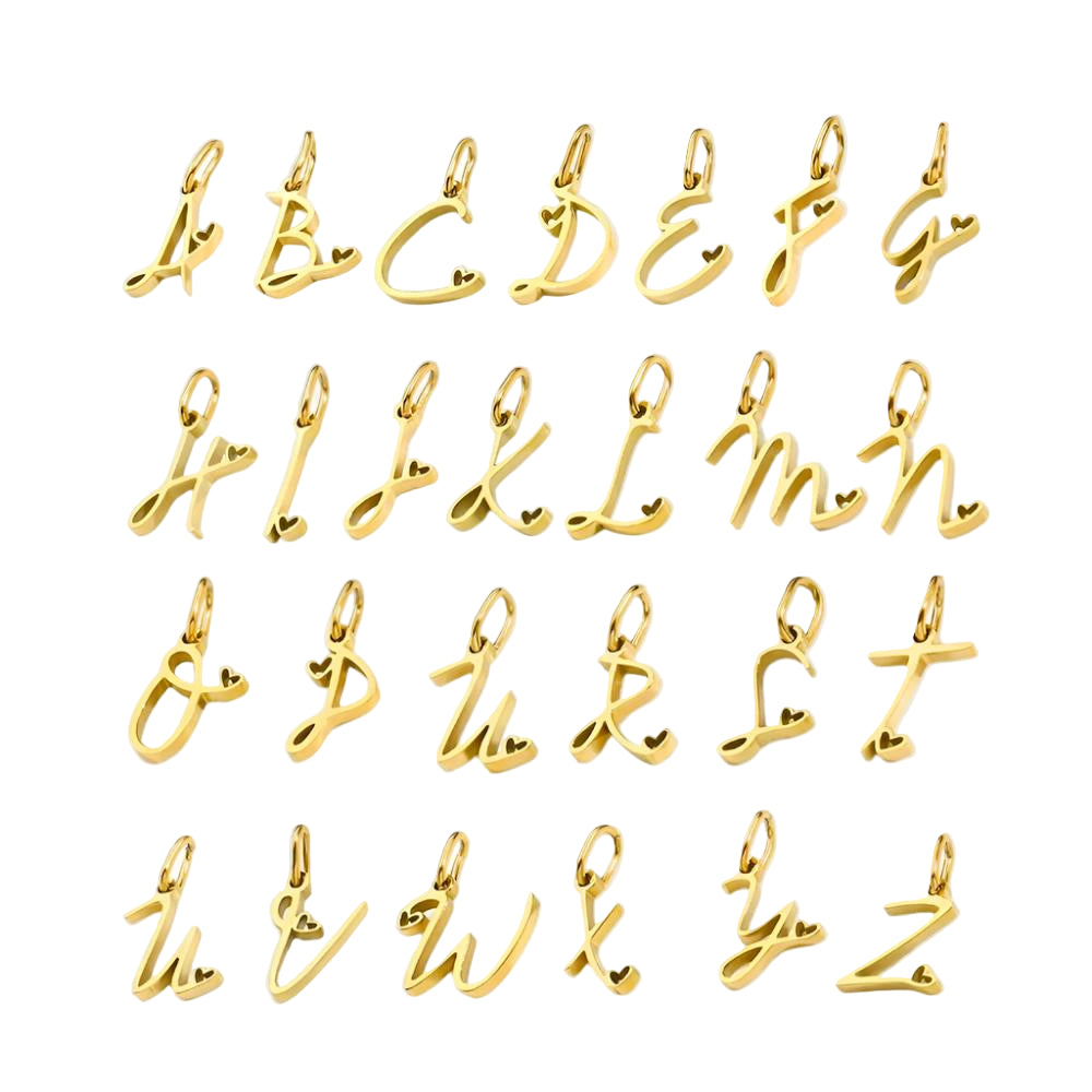 Gold letter pendants on a white background