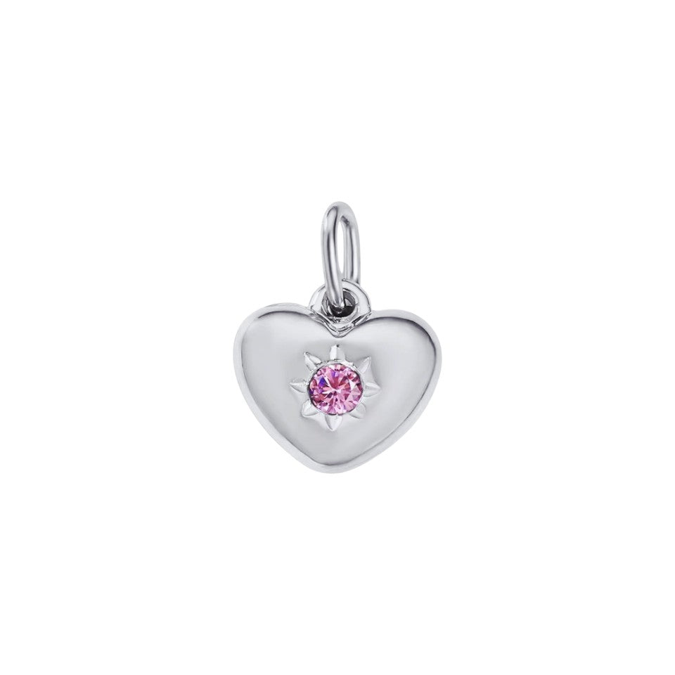 Silver heart-shaped pendant with a pink gemstone on a white background
