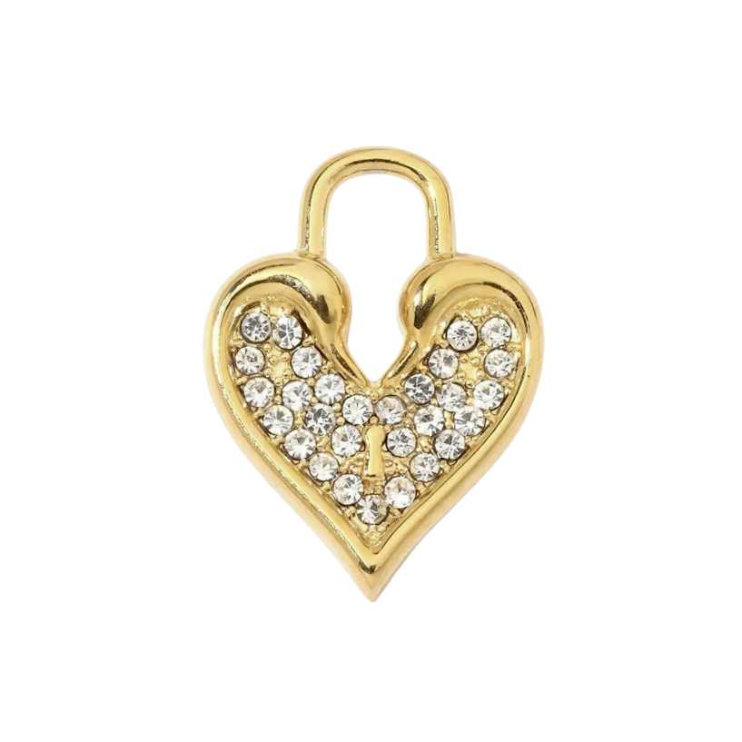 Gold heart-shaped pendant with embedded crystals on a white background