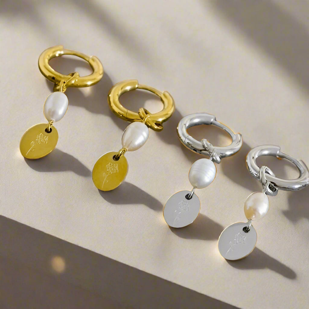 Hand-engraved charm earrings with freshwater pearl drops in silver and gold