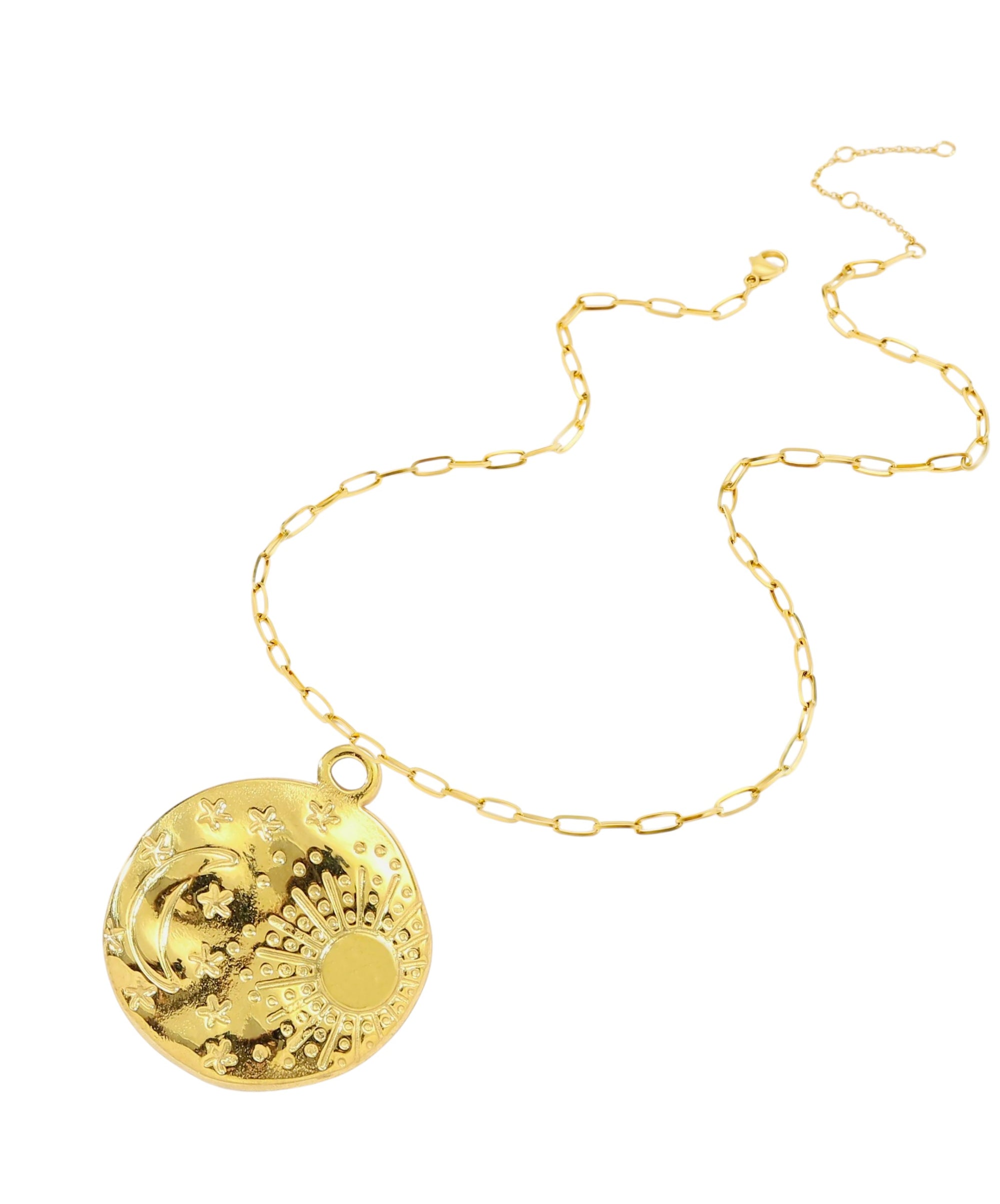 Gold necklace with a detailed pendant on a white background