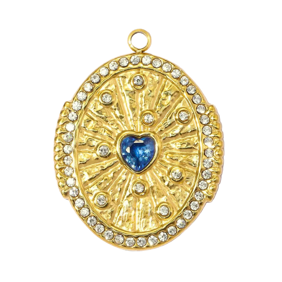 An oval gold pendant featuring a textured sunburst design, a border of clear rhinestones, and a central blue heart-shaped stone, shown on a plain white background.