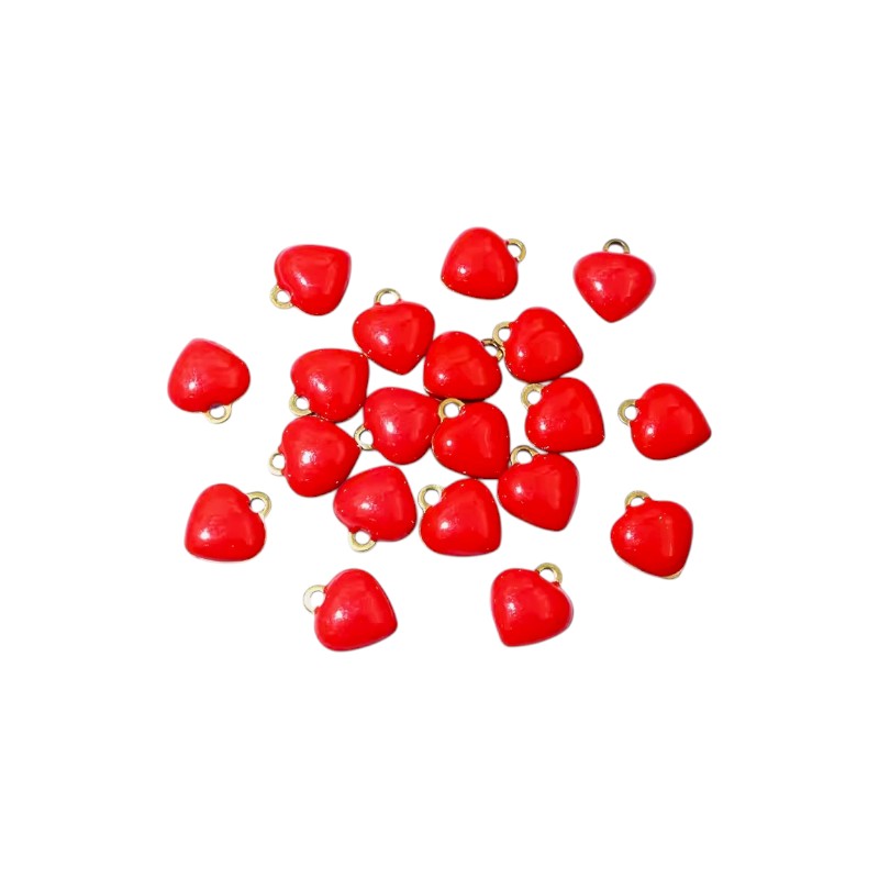 Red heart-shaped charms with gold loops on a white background