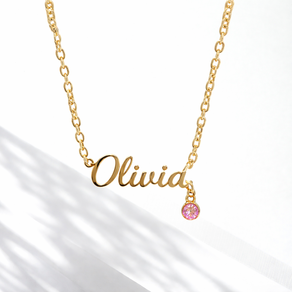 Custom Name Necklace with Birthstone Drop Accent