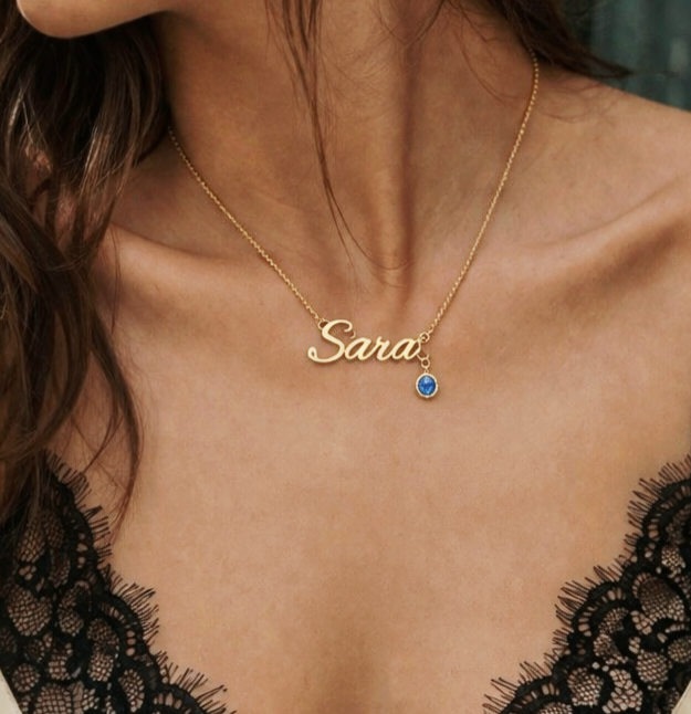 Custom Name Necklace with Birthstone Drop Accent