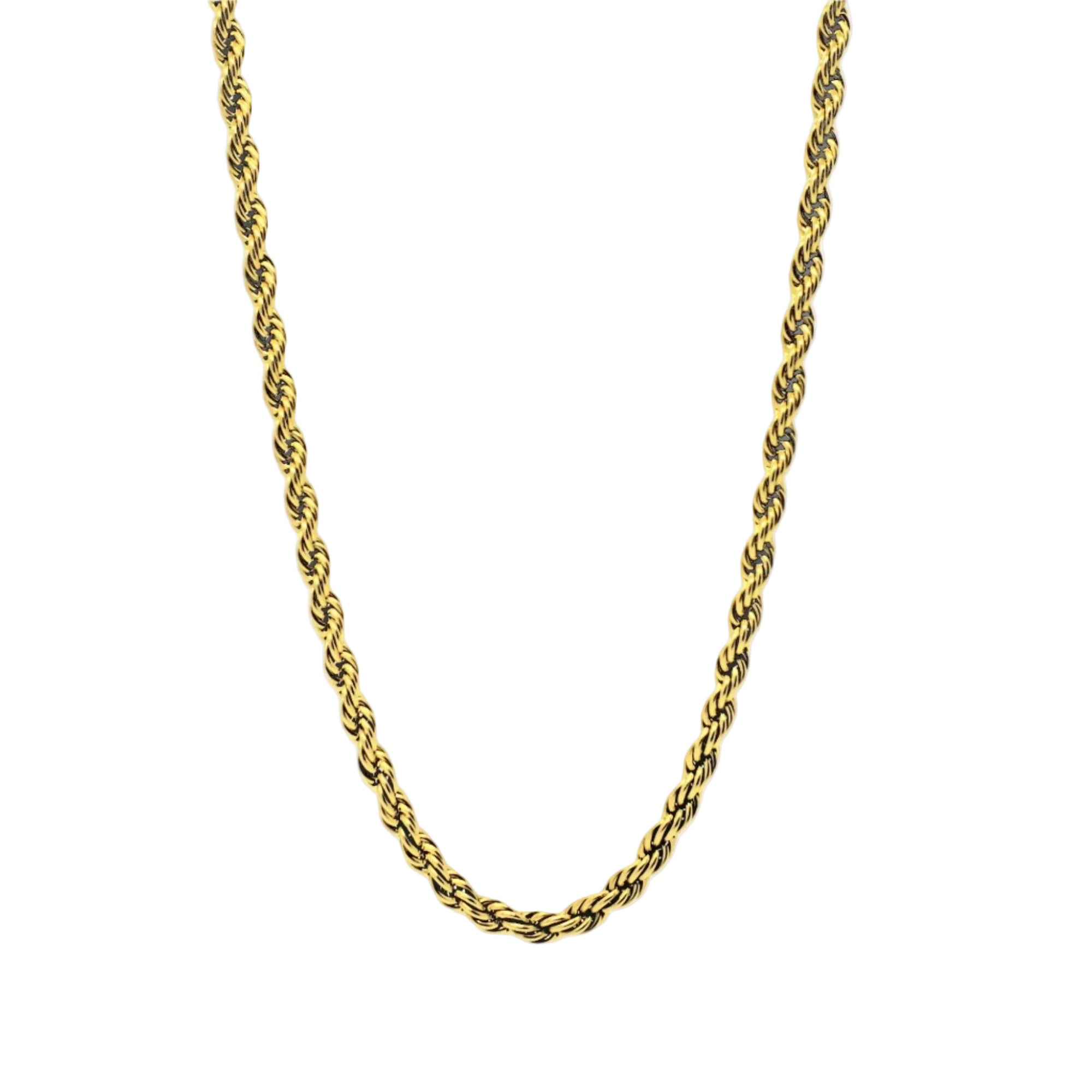 Gold rope chain necklace on a white background