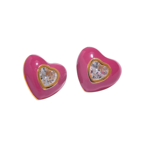 Heart-shaped earrings with rose enamel and clear gemstones on a white background
