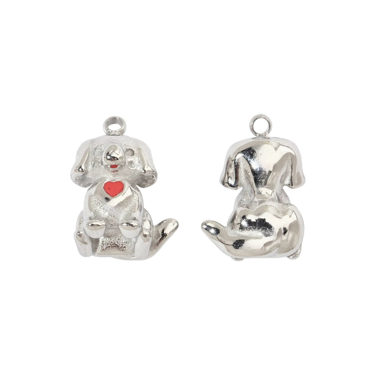 Two silver dog-shaped charms on a white background