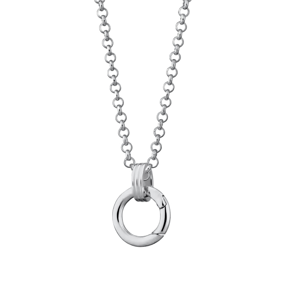 Silver necklace with a round pendant on a white background