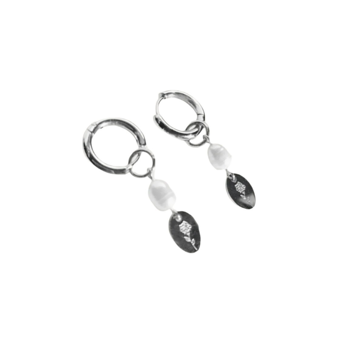 silver flower hand-engraved charm earrings with freshwater pearl drops