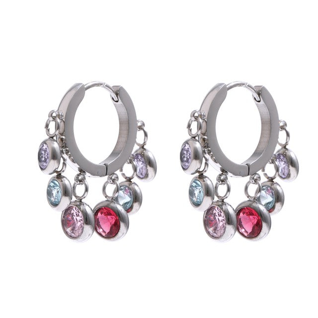 Pair of hoop earrings with multicolored gemstones on a white background
