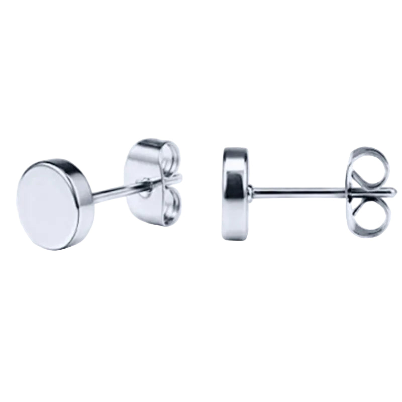 Pair of silver stud earrings on a white background