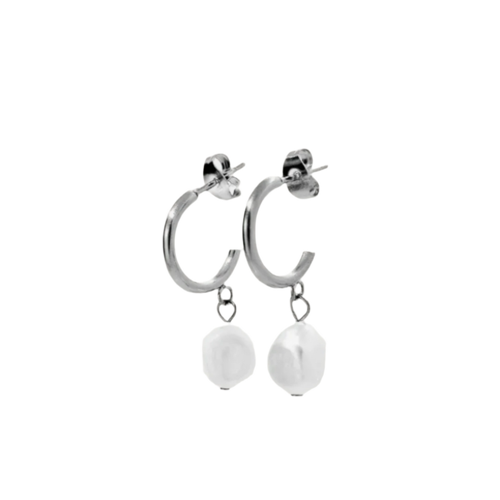 silver half hoop earrings with natural freshwater pearl drops
