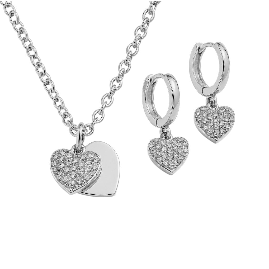 Silver heart-shaped jewelry set with necklace and earrings on a white background