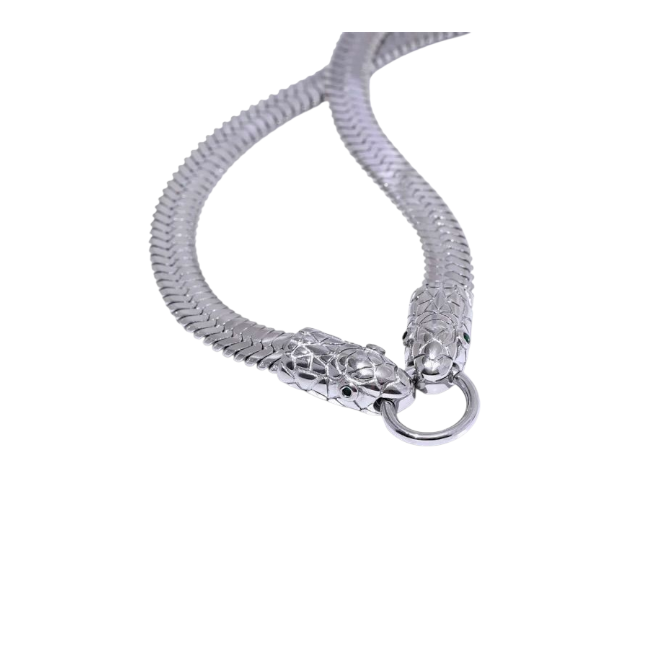 Silver snake-shaped necklace on a white background