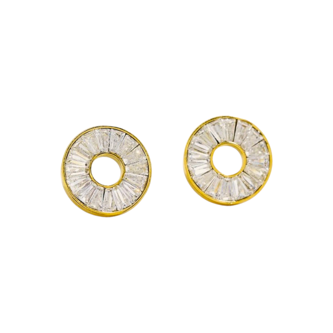 Pair of gold and crystal earrings on a white background
