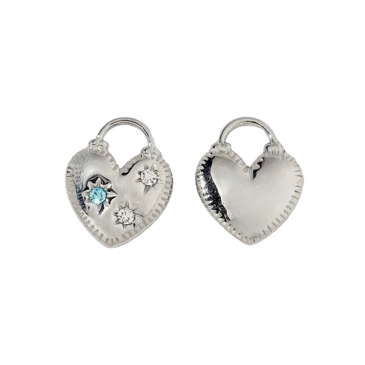 Silver heart-shaped earrings with gemstones on a white background