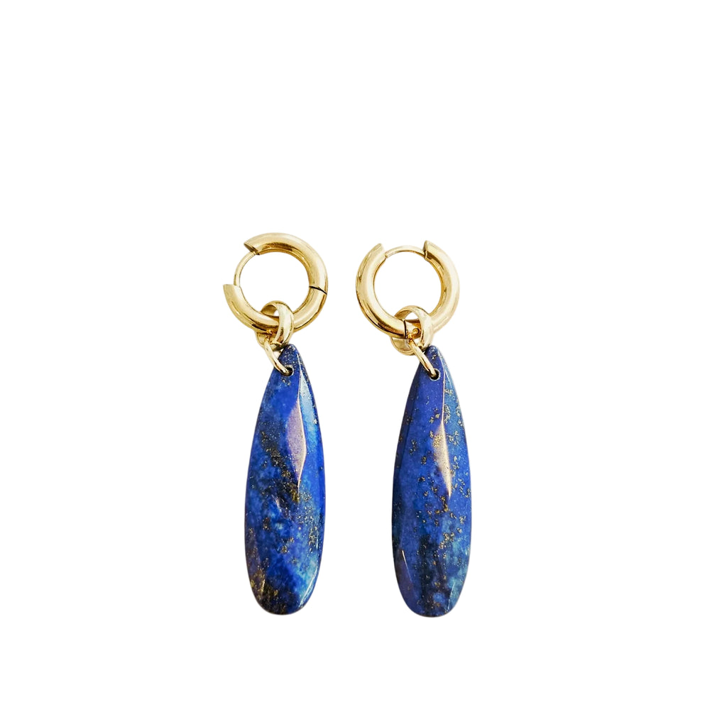Pair of blue stone earrings with gold hooks on a white background