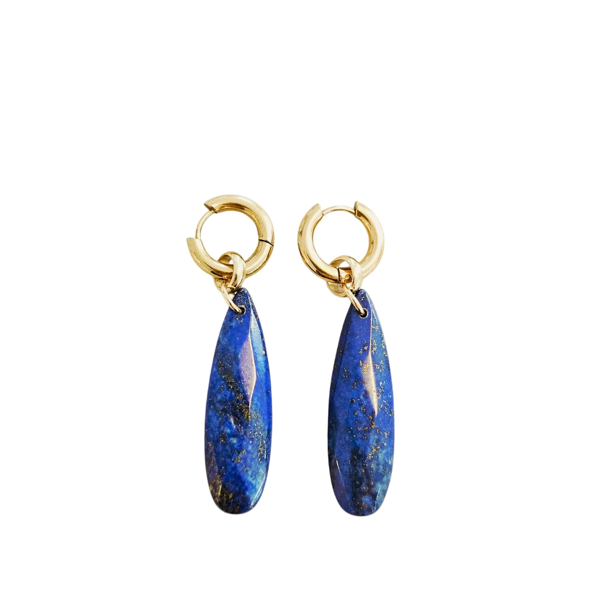 Pair of blue stone earrings with gold hooks on a white background