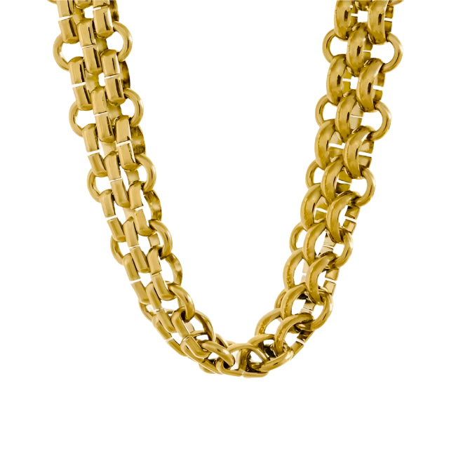 A gold-plated double link chain necklace with a bold, layered design.