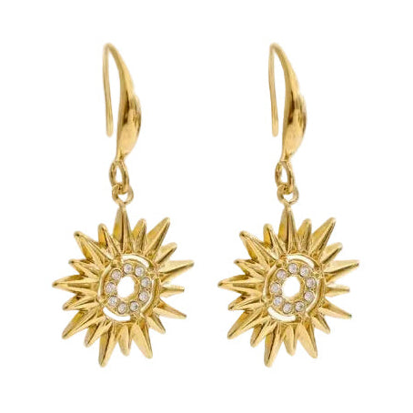A pair of gold sunburst drop earrings with a central cluster of small clear stones, shown against a plain white background.