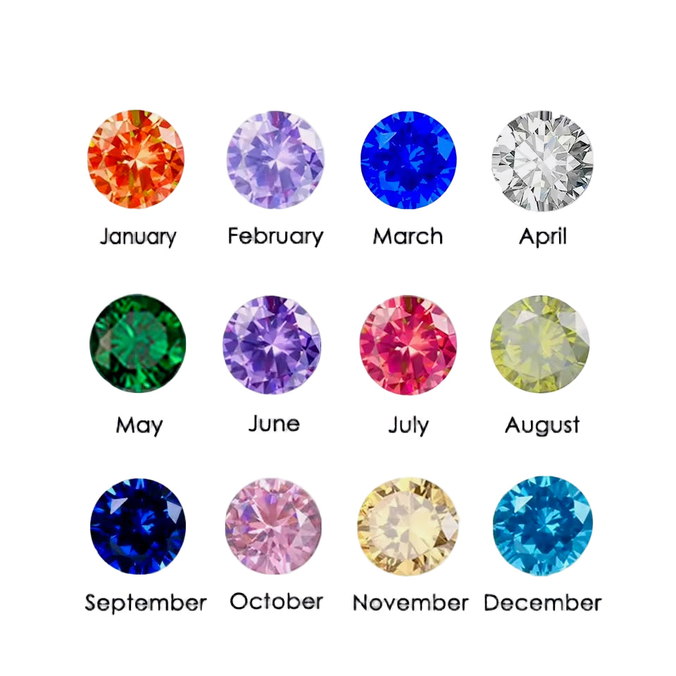 Colorful gemstones corresponding to each month of the year on a light gray background.